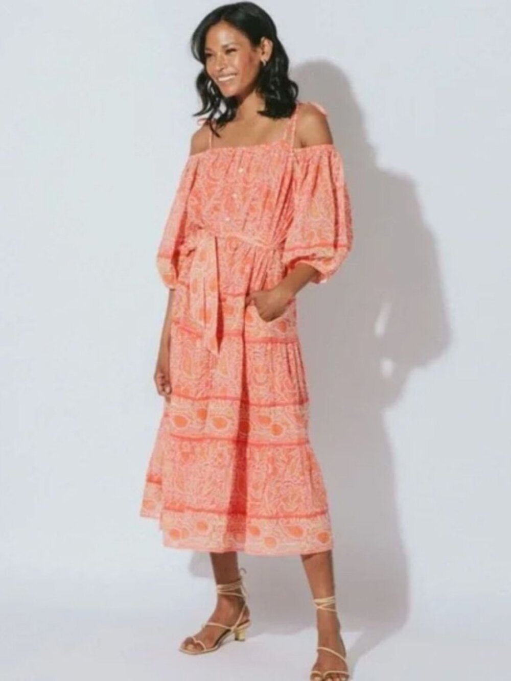 Cleobella Violet Midi Dress Blossom Floral Block Print Orange Peach Pink Medium